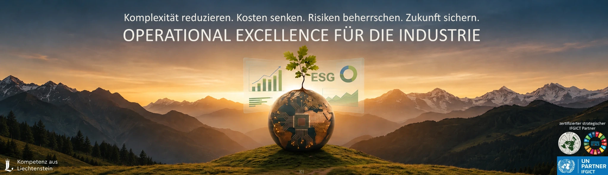 Komplexität reduzieren. Kosten senken. Risiken beherrschen. Zukunft sichern. Operational Excellence für die Industrie. Berglandschaft mit digitaler Weltkugel, Baum und ESG-Symbolen. Kompetenz aus Liechtenstein; zertifizierter strategischer IFGICT Partner.